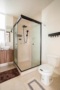 ein Bad mit einer Dusche, einem WC und einem Waschbecken in der Unterkunft Apartment, renovated perfect for Nomads in Mexiko-Stadt