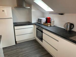 a kitchen with white cabinets and a white refrigerator at Coquet appartement aux pieds des montagnes in Scionzier