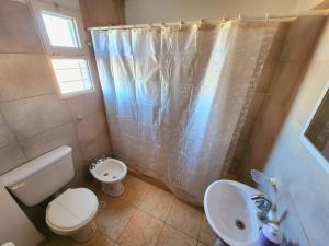 a bathroom with a toilet sink and a shower curtain at Departamento Viajeros Ruta 6 in General Roca