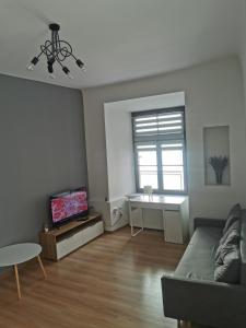 a living room with a couch and a tv at Town Square Apartment in Lublin