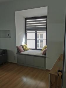 a window seat in a room with a window with pillows at Town Square Apartment in Lublin