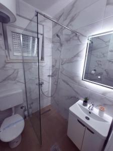 a bathroom with a shower and a toilet and a sink at Cozy apartment close to Dubrovnik in Neum