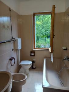 a bathroom with a tub and a toilet and a window at Agriturismo Fonte Magria in Abbadia San Salvatore