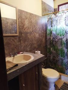 La salle de bains est pourvue d'un lavabo, de toilettes et d'une douche. dans l'établissement Agradable casa de campo con estacionamiento, à Olón