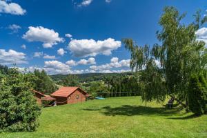 vista su un campo con una casa e un albero di DOMKI ANITA a Zawóz