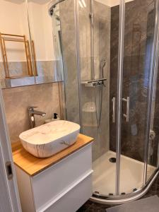a bathroom with a sink and a shower at AppMishadze in Crikvenica +66 photos