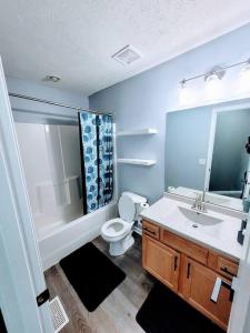 La salle de bains est pourvue de toilettes, d'un lavabo et d'un miroir. dans l'établissement Nice and quiet neighborhood, à Omaha
