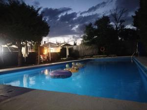 a large blue swimming pool in a yard at night at Hostal New York City in Sonseca