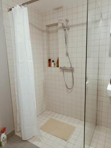 a shower with a shower curtain in a bathroom at BeautifulParis18 in Paris