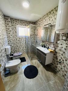 ein Bad mit einem WC, einem Waschbecken und einer Dusche in der Unterkunft Summer house LejHana in Bihać