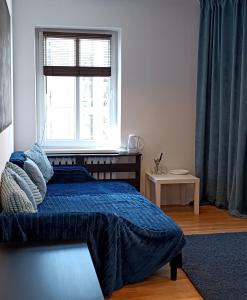 a bedroom with a bed with a blue comforter and a window at Duży prywatny pokój blisko Starego Miasta. Pokój 7 in Warsaw