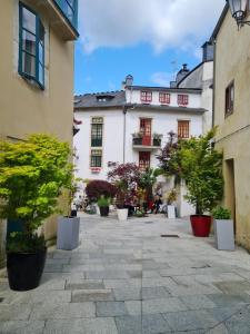 einen Innenhof mit Topfbäumen vor einem Gebäude in der Unterkunft Hotel Monumento Pazo de Orbán in Lugo