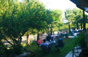 a group of people sitting at a table under a tree at Residence Miralago Rooms & Apartments in Manerba del Garda