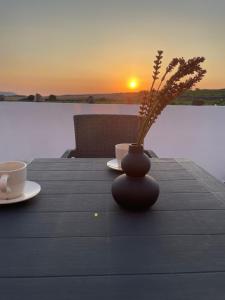 una mesa con un jarrón con flores y una taza de café en Zana's Villas-Zenia, en Akrotiri