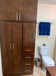 ロレトにあるCasa del Carmen, hermoso departamento en Loretoのバスルーム(トイレ付)、大きな木製キャビネットが備わります。