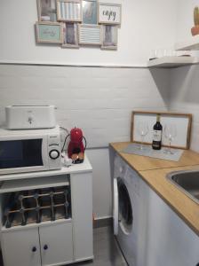 a kitchen with a washing machine and a microwave at Estudio El Faro II in Torrox Costa