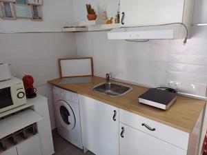 a small kitchen with a sink and a washing machine at Estudio El Faro II in Torrox Costa