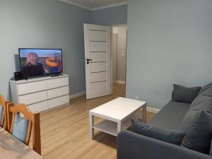 a living room with a couch and a tv at Apartament Arkada Centrum in Rzeszów