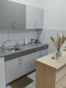 La cuisine est équipée de placards blancs, d'un évier et d'un comptoir. dans l'établissement Apartman (stan na dan) M&M 2 Prijedor, à Prijedor