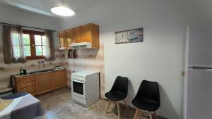 a kitchen with black chairs and a white refrigerator at Ntaskas apartments in Poulithra