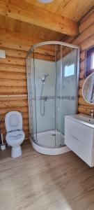 ein Bad mit einer Dusche, einem WC und einem Waschbecken in der Unterkunft Park Resort Trzęsacz in Trzęsacz