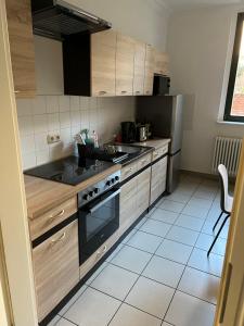 La cuisine est équipée de placards en bois et d'un four avec plaques de cuisson. dans l'établissement Wohnung im Universitätsring, à Halle-sur-Saale