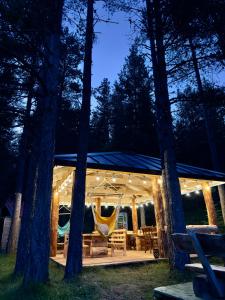 uma tenda com uma rede na floresta à noite em Eco Camp Chalets pod Gorom em Žabljak