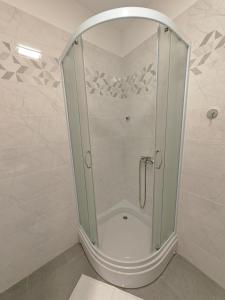 a shower with a glass door in a bathroom at Apartman Holiday 1 - Srebrno jezero in Veliko Gradište +22 photos