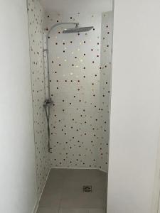 ein Bad mit einer Dusche mit einer Wand mit Polka-Punkten in der Unterkunft Appartement climatisé avec balcon et parking privé in Toulouse