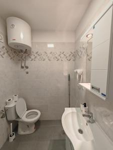 a white bathroom with a toilet and a sink at Apartman Holiday 1 in Veliko Gradište