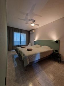 Casa Bonita في سان بييدرو ديل بيناتار: غرفة نوم بسرير كبير ومروحة سقف