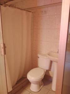 uma casa de banho com um WC e um lavatório em hostal ollantaytambo apartments em Ollantaytambo