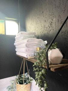 uma pilha de toalhas numa prateleira na casa de banho em Horse Truck Tiny Home em Swords
