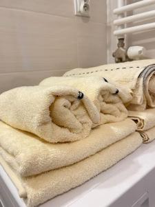 a pile of towels sitting on a counter in a bathroom at Vetulaniego Canary Comfort Apartment in Kraków