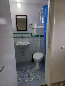 uma casa de banho com um WC, um lavatório e um espelho. em Markos Apartments Sutomore em Sutomore