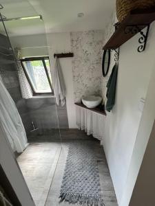 baño pequeño con ducha y lavamanos en Chata pod pindulou en Rožnov pod Radhoštěm