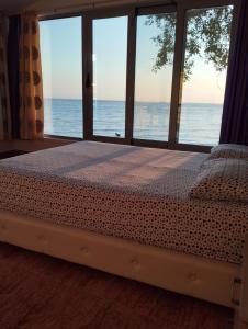 a bedroom with a bed with a view of the ocean at Summer Beach House in Ulcinj