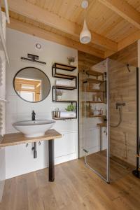 a bathroom with a sink and a shower and a mirror at Domki Sarbinowo Elizjum in Sarbinowo