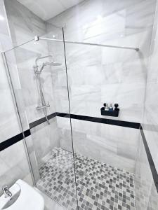een badkamer met een douche, een toilet en een wastafel bij CHARLOT Center Apartment II in Alicante