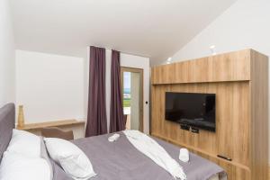 een slaapkamer met een tv en een bed van 1 m2 bij Villa Ventus in Šmrika +36 foto's