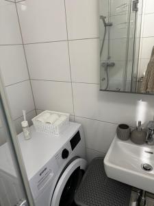 a bathroom with a washing machine and a sink at City Apartment Nord in Salzburg