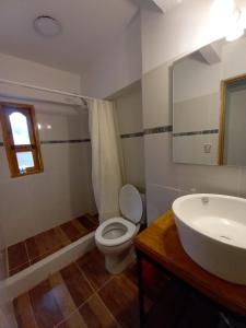 uma casa de banho com um WC branco e um lavatório. em hostel comunidad Ushuaia em Ushuaia