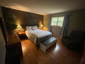a bedroom with a bed and a chair and a window at Blaeberry Valley Vacation Rentals in Golden