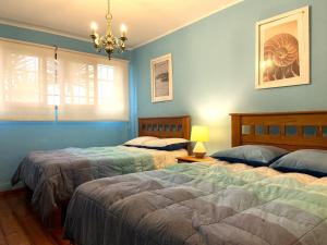 2 bedden in een slaapkamer met blauwe muren en een kroonluchter bij R° | 1BR apartment infront Chorrillos Sea in Lima