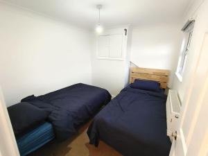 um quarto com 2 camas e uma janela em Stylish flat in London with free parking em Londres