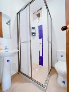 a bathroom with a shower and a sink and a toilet at APARTAMENTO CERCA AL MAR EN TOLÚ in San Silvestre
