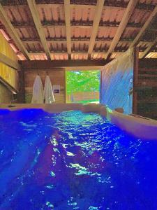 a swimming pool with blue water in a room with surfboards at L’appartement du Fayé avec jacuzzi privé in Étueffont-Bas