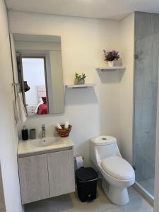 uma casa de banho com um WC, um lavatório e um espelho. em Centro Internacional - La Quinta em Bogotá