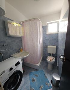 uma casa de banho com uma máquina de lavar roupa e um WC em Apartments by the sea Cove Pjestata, Peljesac - 10210 em Janjina