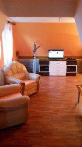 ein Wohnzimmer mit einem Sofa und einem TV in der Unterkunft Apartmán Katka in Sučany